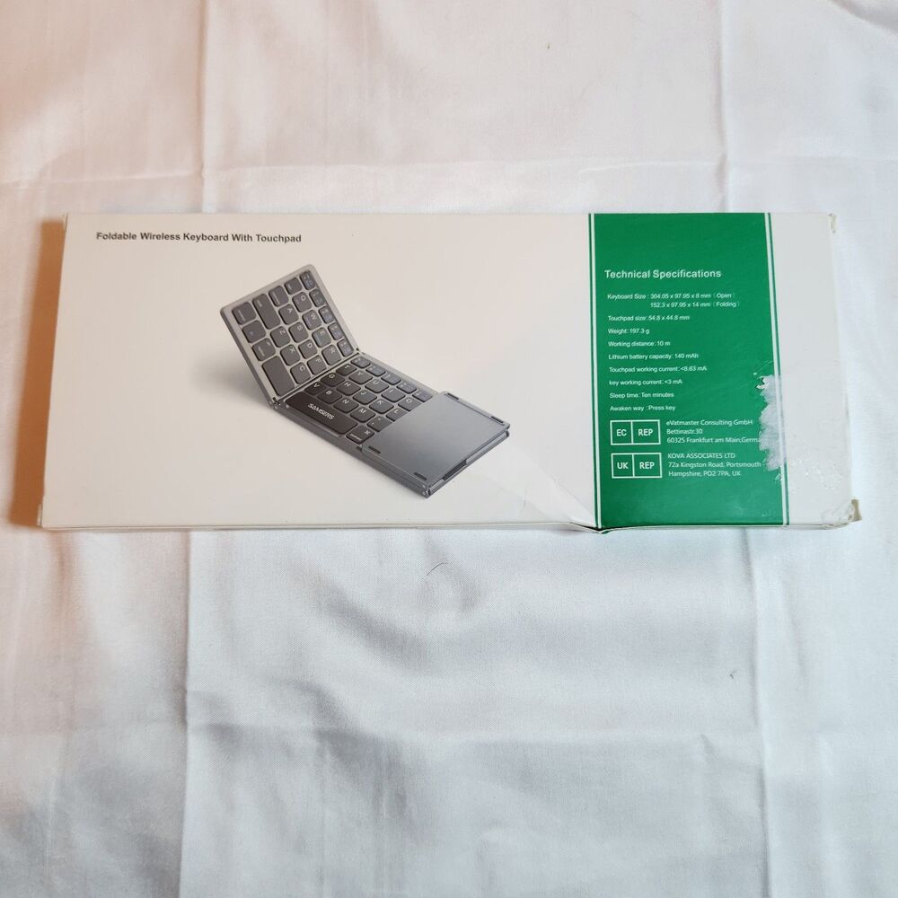 Samsers Foldable Bluetooth Keyboard Touchpad Tri-Fold Wireless Black New